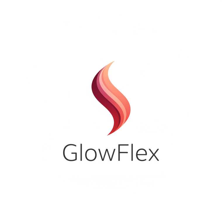 "A high-end, minimalist logo for a wellness brand called 'GlowFlex'. The design features a modern, stylized icon of an abstract glowing wave or a soft 'S' curve representing heat and flexibility. Use a sophisticated gradient of deep ruby red, soft rose pink, and a touch of warm coral to create a 'glow' effect. The text 'GlowFlex' should be in a clean, elegant sans-serif typography. Professional, sleek, white background, vector style, 4k resolution."